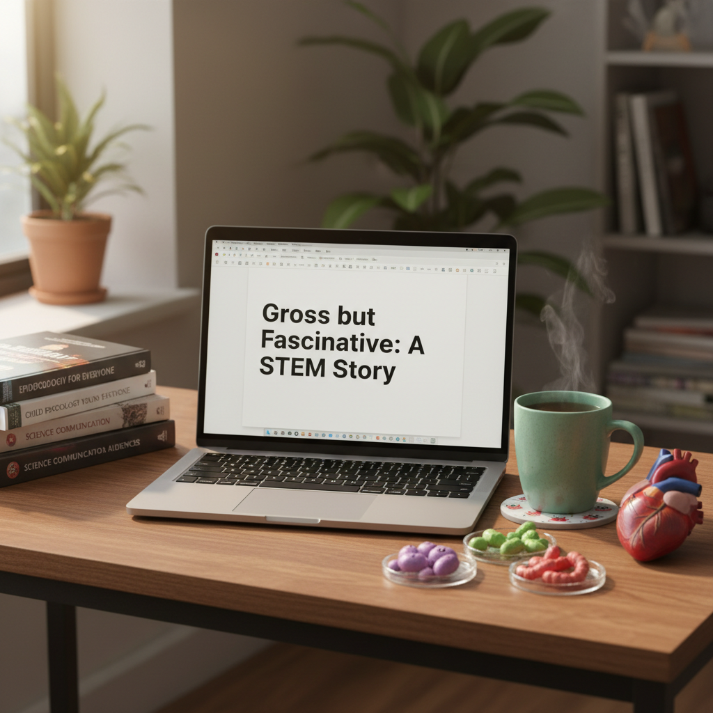 An organized writer’s desk themed around quirky health topics, featuring a sleek silver laptop displaying a document titled “Gross but Fascinating: A STEM Story.” Surrounding the laptop are neatly arranged reference books on epidemiology, child psychology, and science communication, along with small plastic models of bacteria and anatomical hearts. A mint-green ceramic mug of tea rests on a coaster printed with a cartoon microbe pattern. Warm, indirect morning light from a nearby window casts soft highlights and subtle shadows, creating a cozy yet focused mood. Photographic realism, eye-level composition, moderate depth of field, with a modern, professional atmosphere accented by gentle humor in the props.