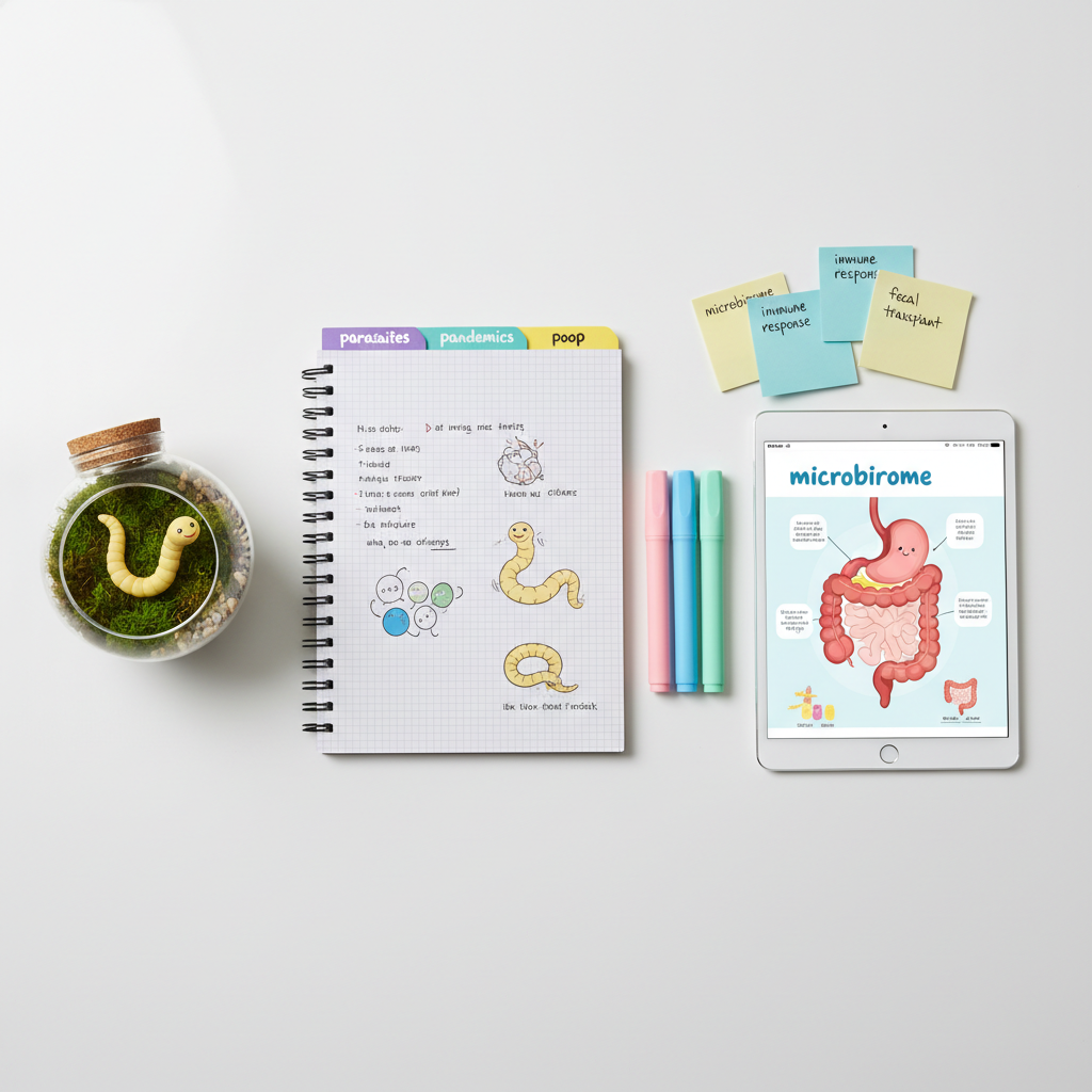 A polished white tabletop displays a carefully arranged flat lay of STEM kidlit research materials focused on unusual health topics: a spiral-bound notebook with color-coded tabs labeled “parasites,” “pandemics,” and “poop,” highlighters in bright pastel colors, sticky notes with neatly written scientific terms, and a tablet showing a child-friendly diagram of the digestive system. Beside them, a small glass terrarium contains moss and a tiny, model tapeworm coiled playfully on the soil. Soft, diffused studio lighting from above eliminates harsh shadows, creating a clean, editorial feel. Photographic realism with a minimalist, professional composition shot from a bird’s-eye view, balancing seriousness of subject matter with gentle, humorous details.